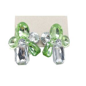 Vintage 1980s Green Clear Acrylic Clip-On Earrings With Faceted Gemstone Design